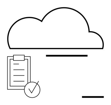 Bulut grafiği, panoda kontrol listesi ve onay işareti. Bulut hesaplama, veri yönetimi, görev izleme, kalite kontrol, iş akışı sistemleri, üretkenlik uygulamaları soyut çizgi düz metaforu için idealdir