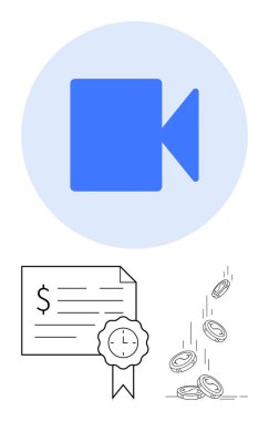 Sertifika ve kurdeleli mavi video kamera ikonu video öğrenmeyi, sertifikayı ve finansal faydaları gösteren bozuk paralar. E-öğrenme, web siteleri, çevrimiçi kurslar, finansal başarı ve uzaktan kumanda için ideal