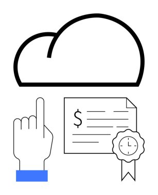 El işareti bulut sembolü, dolar işareti, yazı ve sertifika mührü olan belge. Bulut hesaplama, e-ticaret, çevrimiçi sözleşmeler, dijital imzalar, sertifikalar, bulutlar için ideal