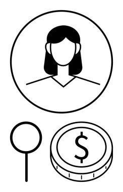 Çemberde kadın avatarı, büyüteç ve dolar işaretli madeni para simgesi. Finans, analitik, işe alım, araştırma, iş ekonomisi ve istihdam için ideal. Soyut çizgi düz metafor