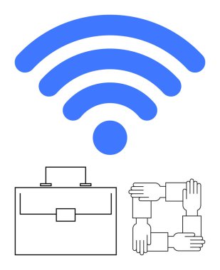 Evrak çantası ve el ele tutuşan mavi kablosuz sinyal ikonu takım çalışmasını, uzaktan çalışmayı ve teknoloji odaklı işbirliğini görselleştirir. İletişim, iş, ağ, takım çalışması, teknolojik çözümler için ideal