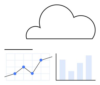 Grafiklerin üzerinde bulut çizgisi, yukarı doğru çizgi çizelgesi ve çubuk çizelgesi. Bulut hesaplama, veri analizi, mali eğilimler, iş büyümesi, teknolojik yenilik, performans değerlendirmesi, soyut çizgi