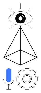 Geometrik piramit üzerinde her şeyi gören göz, mikrofon ve teçhizat farkındalığı, yeniliği ve işbirliğini sembolize ediyor. Yapay zeka, görme, iletişim, teknoloji veri öngörüsü soyut çizgi için idealdir