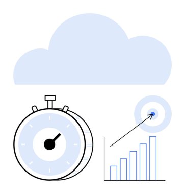 Kronometre, bar çizelgesi, bulutlu oklu hedef. Üretkenlik, verimlilik, bulut hizmetleri, zaman izleme, analitik hedef belirleme iş planlaması için idealdir. Soyut çizgi düz metafor