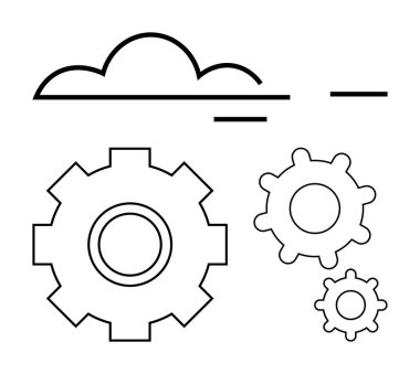 Bulut ve dişli ana hatları bulut hesaplama, takım çalışması ve teknoloji sistemlerini temsil ediyor. Yenilik için ideal, veri depolama, bağlantı, süreç otomasyonu, bilişim çözümleri, ağ soyut çizgisi