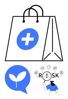 Sağlık haçlı alışveriş torbası, eko yaprak konuşma balonu, büyüteçle riski analiz eden kullanıcı. Sürdürülebilirlik, sağlık, güvenlik, eko farkındalık, risk analizi, çevre bakımı için ideal