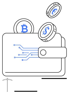 Open wallet with digital circuits holding Bitcoin, Dollar, smart contract coins and mining pickaxe. Ideal for digital finance, cryptocurrency trading, blockchain, fintech, investments, electronic clipart