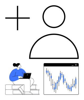 Dizüstü bilgisayar kullanan bir kişi, yığılmış kitapların üzerinde oturup, bir borsa grafiğini analiz etmeye odaklanmış. Finans, eğitim, teknoloji, iş, veri analizi, üretkenlik kullanıcı profilleri için idealdir. Çizgi