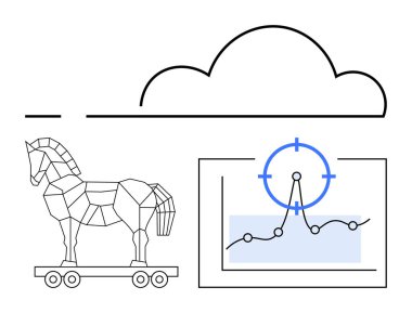 Trojan horse on wheels beside data graph with target overlay under cloud graphic. Ideal for cybersecurity, digital threats, data analysis, cloud computing, network defense, IT management, abstract