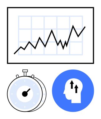 Yukarı doğru eğilimli çizgi grafiği, zaman yönetimi için kronometre, üretkenlik için okları olan baş simge. İş için ideal, başarı, verimlilik, planlama, strateji, analitik soyut çizgi