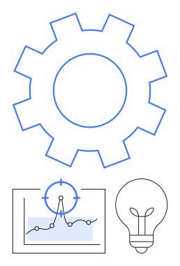 İşlem için vites sembolü, strateji için hedef noktasıyla grafik, fikirler için ampul. Yenilik için ideal, veri güdümlü kararlar, teknik mükemmellik, yaratıcılık, ilerleme, strateji geliştirme