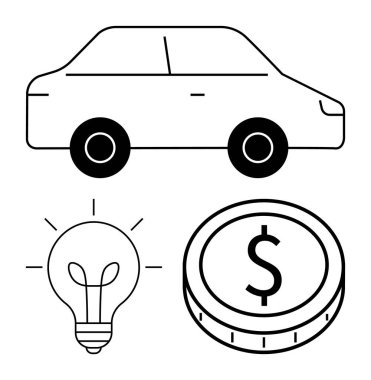 Araba, para, dolar sembolü ve parlayan ampul. Finans, otomotiv endüstrisi, yenilik, enerji verimliliği, akıllı yatırımlar maliyet analizi ve ekonomik kavramlar için idealdir. Soyut çizgi