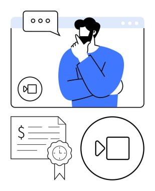 Sanal toplantı penceresinde düşünceli bir adam, konuşma balonu, video çağrı simgesi, saat simgesi sertifikası ve çalma tuşu. Uzaktan çalışma, e-öğrenme, webinarlar, dijital iletişim için ideal