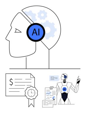 Yapay zeka vitesli insan kafası, çizelgelere mavi çizgili robot figürü, kurdeleli sertifika ve teknik belgeler. Yapay zeka yeniliği, makine öğrenimi, otomasyon, eğitim için ideal