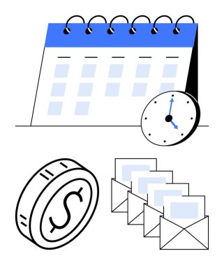 Sarmal ciltli takvim, küçük saat, dolar parası ve zarflar. Programlama, bütçe planlaması, finansal planlama, zaman takibi organizasyonun verimliliğini hatırlatıyor. Soyut satır düzlüğü