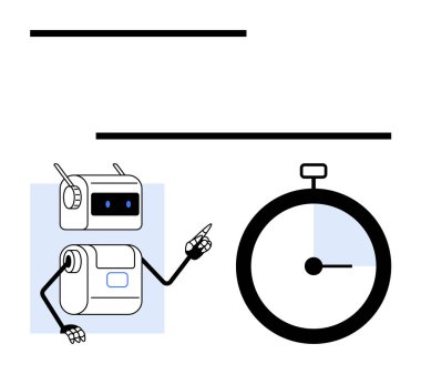 Kronometreyi işaret eden antenli robot, yatay çizgiler. Üretkenlik, teknoloji, otomasyon, verimlilik, zaman yönetimi, gelecek temalar için idealdir. Satır metaforu