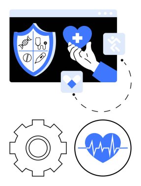 Tıbbi sembollü kalkan, elinde haç olan kalp, dişli kalp, kalp atışı sembolü ve soyut teknik elementler. Sağlık, yenilik, teletıp, sağlık tanılama teknolojisi için ideal