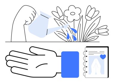 Kol suları çiçek açıyor. Spor salonu gelişim günlüğü, sağlık gelişimi ve bakımı gösteriyor. Büyüme, güç, zindelik, bahçıvanlık, bakım, sağlık ve kendini geliştirme için idealdir. Çizgi