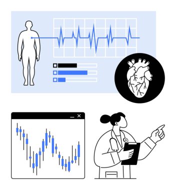 Doctor pointing at data on screen, heart rate monitor with human silhouette, detailed heart diagram, health trend chart. Ideal for health, medical technology, cardiology, healthcare, data analysis clipart