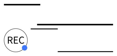 Kayıt arayüzünü andıran yatay siyah çizgilerin yanında mavi noktalı dairesel REC düğmesi. Medya, ses, teknoloji UI, minimalizm, yaratıcılık, berraklık, soyut çizgi düz metafor için ideal