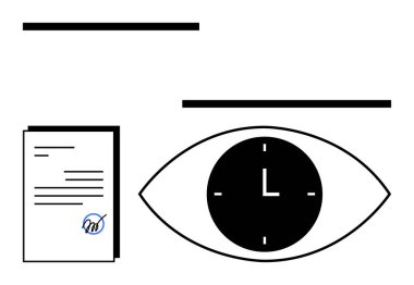 Saat yüzlü göz, imzalı belge ve soyut çizgiler görüşü, dikkati, mühleti ve verimliliği simgeliyor. Üretkenlik, iş ahlakı, zaman yönetimi planlama için ideal süre