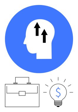 Yukarı doğru ok, evrak çantası ve dolar işaretli insan kafası büyümeyi, yeniliği ve finansal başarıyı simgeliyor. Kariyer ilerlemesi, iş stratejisi, finans ve girişimler için ideal