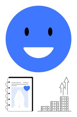 Mavi mutlu yüz, kalbi olan sağlık raporu ve yükselen parmaklıklar. Sağlık, refah, pozitiflik, ilerleme, başarı, planlama ve büyüme soyut metaforu için ideal