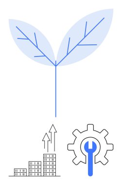 Minimalist bitki doğayı temsil eder, kentsel büyüme için binalar, ingiliz anahtarı ile donanım yeniliği sembolize eder. Sürdürülebilirlik, ekonomi, eko-ticaret, kalkınma, teknoloji ve ilerleme için ideal
