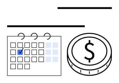 Takvim ızgarasında işaretli bir tarih ve içinde bir dolar işareti olan bir bozuk para var. Finans, bütçe, programlar, tarihler, hatırlatıcılar, planlama, ekonomik kavramlar için idealdir. Soyut çizgi düz metafor