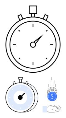 Kronometre, zaman ölçümünü ve madeni paraları ele geçirmeyi gösteriyor. Zaman yönetimi, verimlilik ve maliyet tasarrufunu vurguluyor. Üretim, finans, iş, teslim tarihleri ve takım çalışması için ideal