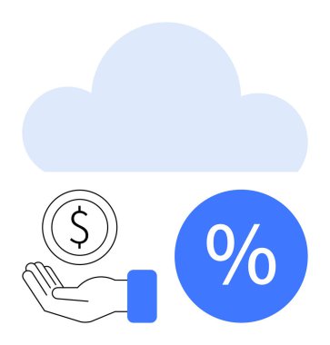 El ele tutuşan bozuk para, büyük mavi bir bulut ve yüzde işareti. Finans, tasarruf, yatırım, bulut hesaplama, teknoloji online bankacılık ekonomik büyüme temaları için idealdir. Modern minimalist