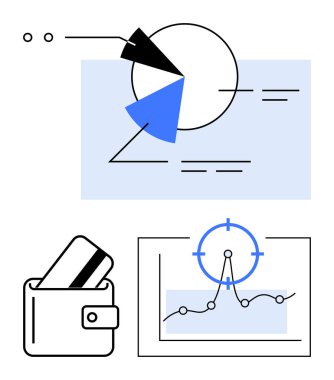 Segmentli pasta grafiği, cüzdan kartları ve hedef noktalı grafikler. Finans, veri analizi, bütçe, ödemeler, mali hedefler, tüketici davranışı soyut çizgi düz metafor için ideal