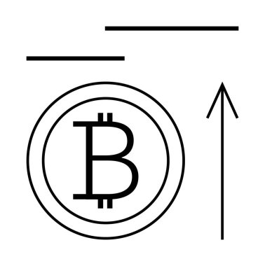 Bitcoin sembolü daire şeklinde, yukarı doğru ok şeklinde ve iki yatay çizgi yukarıda. Finans, kripto para birimi, yatırım, blok zinciri, büyüme eğilimleri, piyasa analizi için ideal dijital