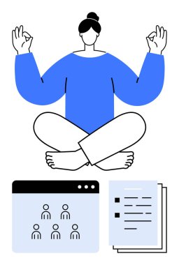 Meditasyon pozunda bacak bacak üstüne atmış bir kadın, farkındalık egzersizi yapıyor. Etrafında bir ekip sohbet penceresi ve belgeler var. Sağlık, verimlilik, odaklanma, iş hayatı dengesi, uzaktan çalışma için idealdir.
