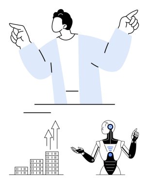 Kendine güvenen bir insan, yanında hareket eden insanımsı bir robot, yukarı doğru oklu bir çubuk grafiği. Takım çalışması, yapay zeka entegrasyonu, iş stratejisi, teknolojik yenilik, karar verme mekanizması, soyut büyüme için ideal