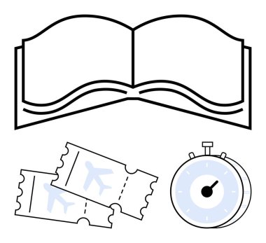 Açık kitap, uçak biletleri, kronometre seyahat planlama, zaman yönetimi, eğitim, programlama ve keşfi temsil ediyor. Seyahat tavsiyeleri, zaman verimliliği çalışma planları ve soyut çizgiler için ideal