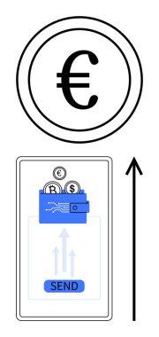 Akıllı telefonunda Bitcoin Dolarlık cüzdan taşıyan Euro madeni para cüzdanı. Finans, dijital para birimi, işlemler, küresel takas, e-ticaret, teknoloji ve yenilik için ideal. Satır metaforu
