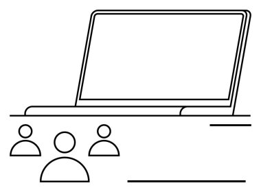 Takım çalışmasını, iletişimi, uzaktan çalışmayı ve dijital işbirliğini sembolize eden üç kullanıcı simgesine sahip dizüstü bilgisayar. Teknoloji için ideal, webinarlar, takım çalışması, bağlantı, sanal iş ağı soyut