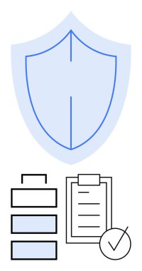 Katmanlı bloklu kalkan sembolü, pano kontrol listesi ve onay işareti simgesi. Koruma, güvenlik, görev yönetimi, organizasyon, doğrulama, uyum veya soyut çizgi düz metaforu için ideal