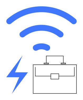 Kablosuz sembol bağlantıyı, şimşek enerjiyi, evrak çantası da iş ve işi temsil ediyor. Ağ, teknoloji, girişimcilik, uzaktan çalışma, iletişim için ideal