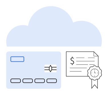 Kredi kartının üstünde bulut sembolü ve kurdele mührü ile onaylanmış belge. Bulut depolama, siber güvenlik, veri koruması, çevrimiçi işlemler, dijital sertifika, mali güvenlik için ideal