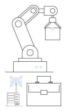 Mekanik robot kol kaldırma objesi ve birbirine bağlı sunucular, vitesler ve evrak çantası ikonları. Otomasyon, teknoloji, yapay zeka, iş yeniliği, endüstri, veri çizgisi düz metaforu için ideal