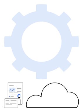 Büyük mavi dişli, siyah bulut çizgisi ve veri grafikleri ve grafikleri olan bir belge. Bulut hesaplama, veri işleme, teknoloji entegrasyonu, ağ çözümleri, otomasyon, analitik iş için ideal