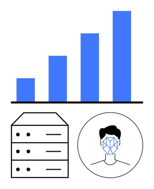 Büyümeyi sembolize eden mavi çizelge, veri depolamayı sembolize eden sunucu yığını ve yapay zeka kullanımını gösteren yüz taraması. Teknoloji, yapay zeka, veri analizi, biyometri, siber güvenlik ve yenilik için ideal