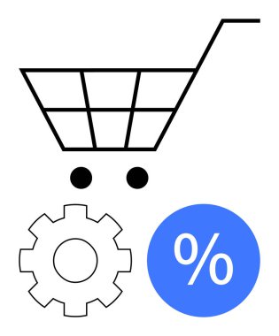 Çarkıfeleğin üstünde iki tekerlek ve mavi yüzde işareti olan bir alışveriş arabası. E-ticaret, satış, indirim, alışveriş, perakende, teknoloji, iş stratejisi, soyut düz metafor için ideal