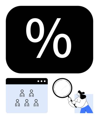 Büyük yüzde sembolü, kullanıcı profili web arayüzü simgesi ve büyüteçle veri inceleyen kişi. Analiz, metrik, kullanıcı, araştırma, arama, pazarlama soyut çizgisi için ideal
