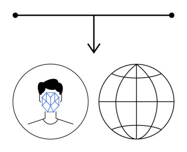 Geometrik tanıma desenli yüz okla dünyaya bağlanıyor. Yapay zeka, biyometri, küresel veri, siber güvenlik, kimlik, teknoloji, dijital sistemler için ideal. Soyut çizgi düz metafor