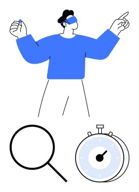 VR gözlük takan, el kol hareketi yapan, büyüteç takan, keşfi sembolize eden, zaman yönetimi için kronometre takan biri. Yenilik, teknoloji, verimlilik, odaklanma, keşif, sanal gerçeklik için ideal