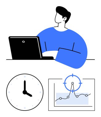 Duvar saati ve grafik kaplamalı veri analizi ve hedefleri gösteren bir dizüstü bilgisayar üzerinde çalışan biri. Üretkenlik, zaman yönetimi, karar verme, planlama, zamanlama, odaklanma, soyut çizgi düz