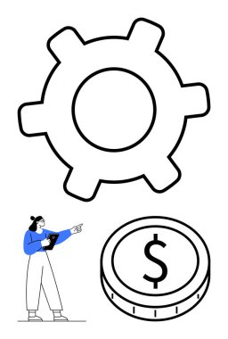 Tablet tutan ve işaret eden kadın, sistemi sembolize eden teçhizat, madeni para. Ticari strateji, işlemler, girişim planlaması, finansal büyüme, takım çalışması, inovasyon soyut çizgi için ideal